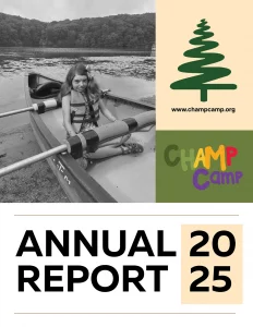 Black and white picture of a girl in a canoe with the CHAMP Camp logo and Annual Report 2025